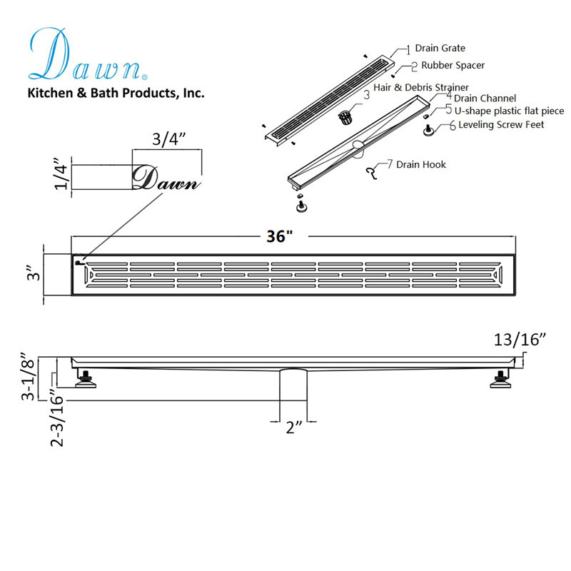 36 Inch Long Stainless Steel Linear Floor Shower Drain