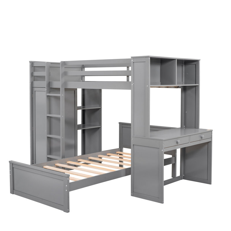 Loft Bed with a Stand-alone bed, Shelves,Desk,and Wardrobe, Gray, Twin