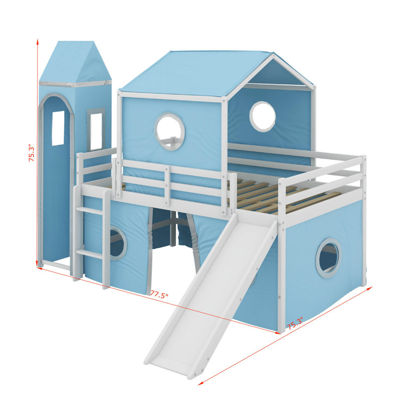 Lit mezzanine simple avec glissade et tour, Bleu