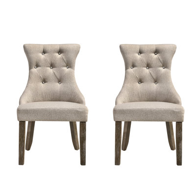 Set Of 2 Upholstered Side Chairs With Solid Back In Two-Tone Beige