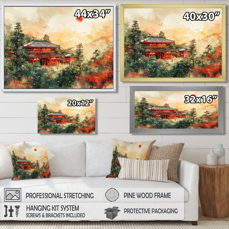 Japon, Japon, temple de Samarai Serenity III - art mural sur toile Japon, H 24 po x l 32 po, Impression encadrée flottante