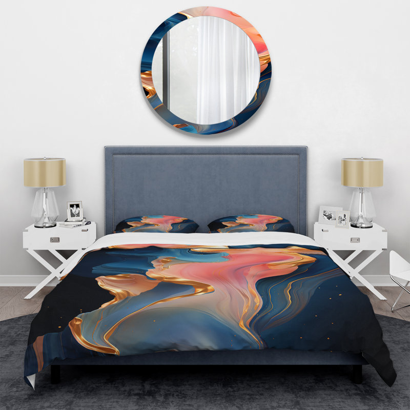 Ensemble de housse de couette à encre liquide rose et or, Housse de couette pour très grand lit et 2 très 