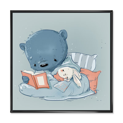 Joli dessin d'un ours en peluche avec un petit lièvre blanc - peinture sur toile
