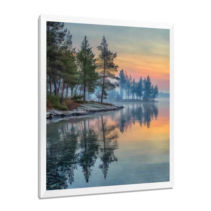 «Sunset at Dawn Lake Summer Mist - Sunset Wall Decor, Orange Landscape», art mural encadré, H 20 po x l 12 po, Avec cadre