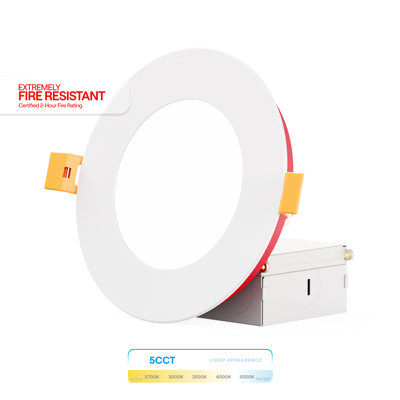 Infibrite 4 Inch Thin Recessed LED Ceiling Light Kit, Two Hour Fire Rated, Five Selectable Color Temperatures, White Finish, 9 Watt, 750 Lumens, Dimmable, Wet Rated