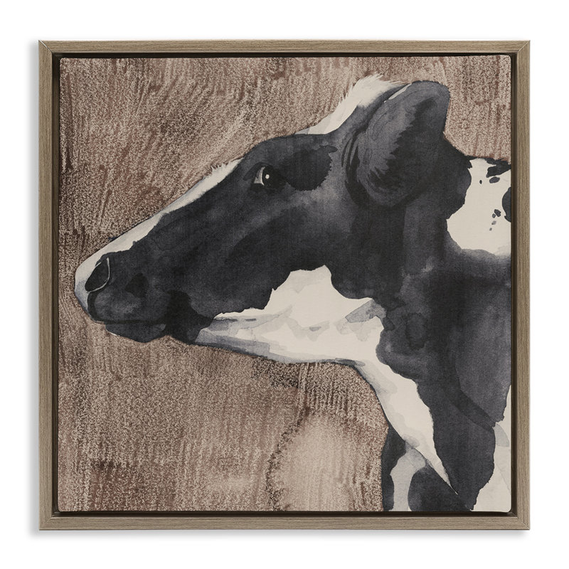Art mural sur toile flottant à gauche, "Vache rustique" par Grace Popp, H 18 po x l 18 po, Cadre flottant métallique doré