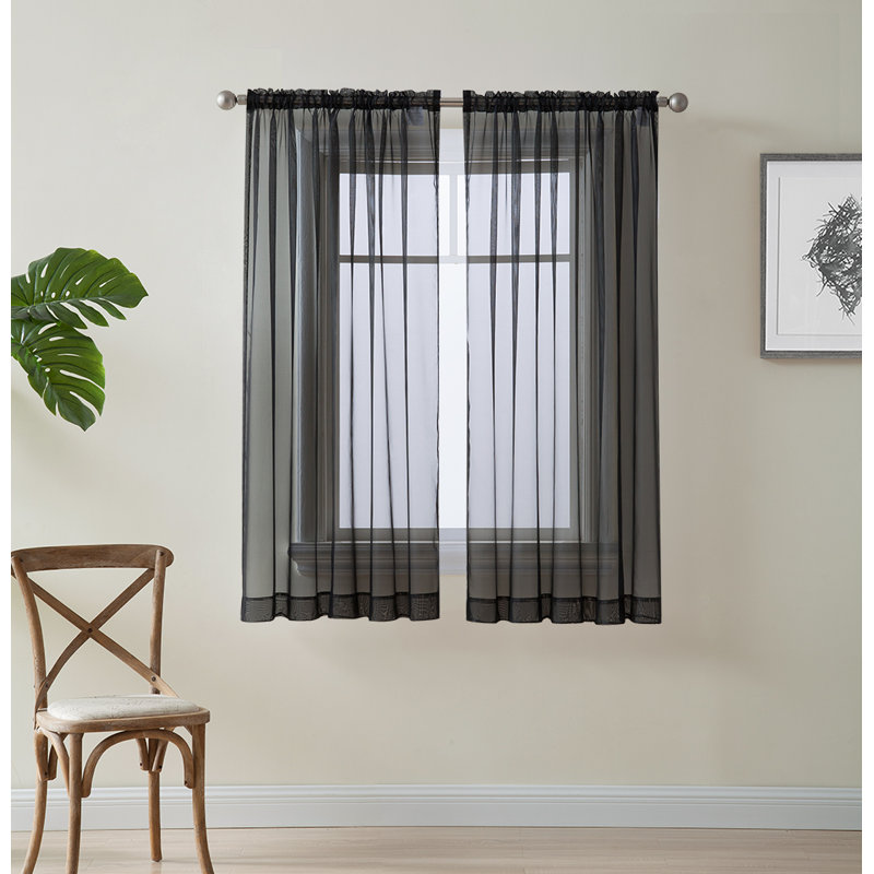 Daxin Sheer Voile Rod Pocket Curtain Panels, Black, 54" W x 63" L