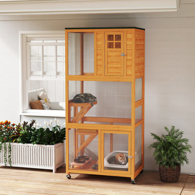 Maison d'extérieur en bois pour chat avec enclos pour chat, cage pour chat 74 "avec plateforme et petite maison