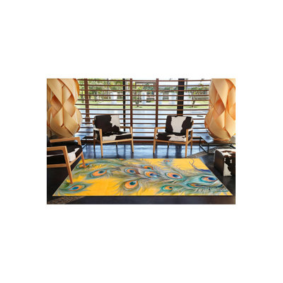 Yellow Evil Eye Modern Patterned Woven Base Decorative Washable Rug