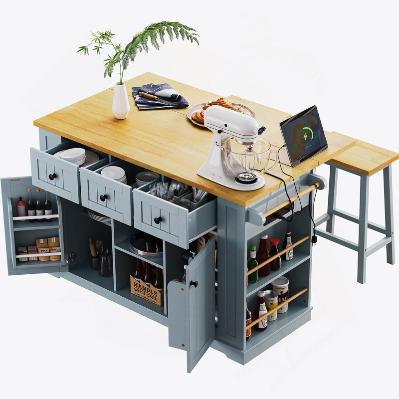 53-Inch Large Kitchen Island with Drop Leaf, Power Outlet, and Ample Storage, Rolling on 5 Wheels, Grey Blue