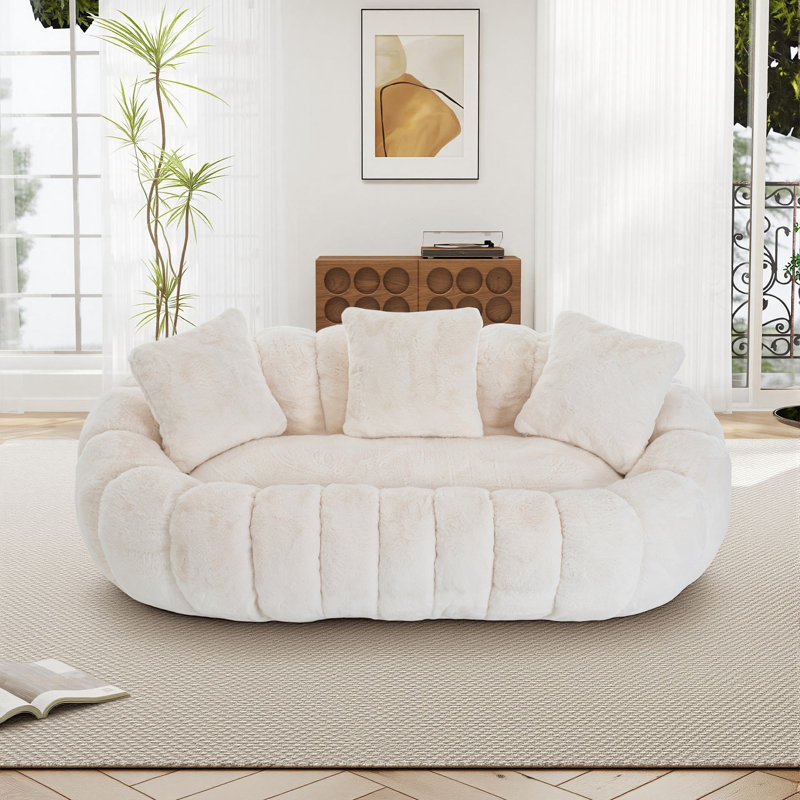 Canapé à deux places avec coussins Modern, Fausse fourrure beige