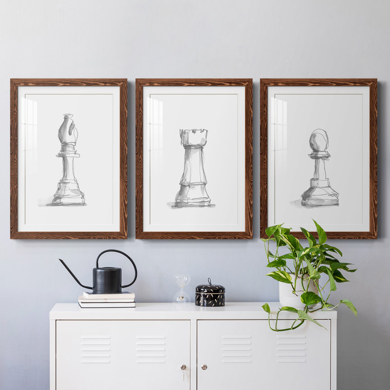 " Chess Piece Study IV " 3 - Pieces Painting Print, 20" H x 51" W x 1.5" D, Maple