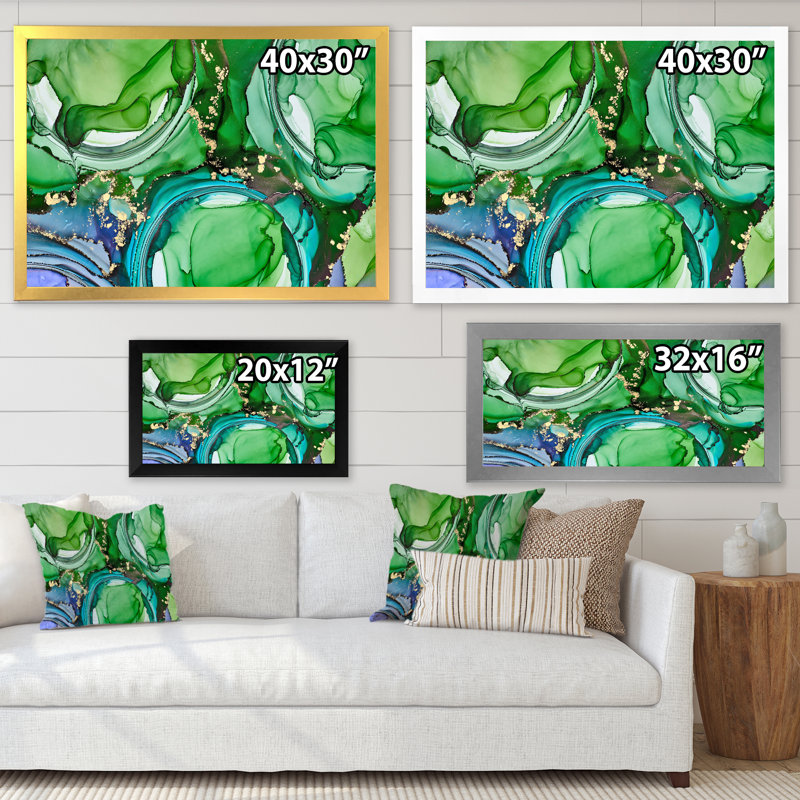 «Green Luxury Abstract Fluid Art», peinture sur toile, Cadre de coin blanc fermé, H 30 po x l 40 po