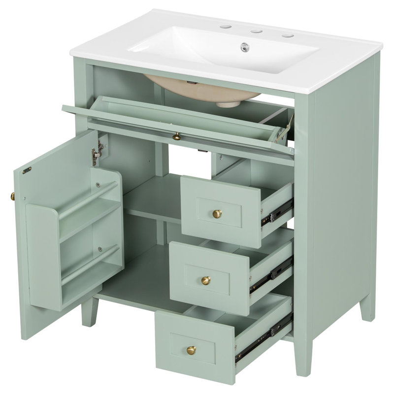 Meuble-lavabo autoportant de 30 po avec lavabo et rangement multifonctionnel, Vert clair, 30
