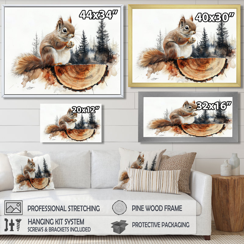 Bernardyn, mignon écureuil sur une glissoire en bois, forêt III - écureuil, art mural, H 30 po x l 40 po, Toile tendue