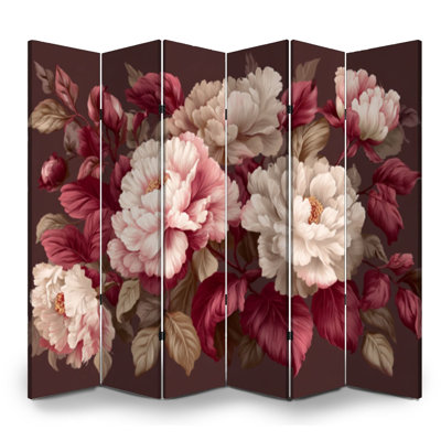 6 Panels Folding Screen Room Divider Royal Luxurious Blooming Peonies Art Dark Burgundy Leaves Soft Canvas Screen Room Separator Freestanding Protective Wall Divider Privacy Partition