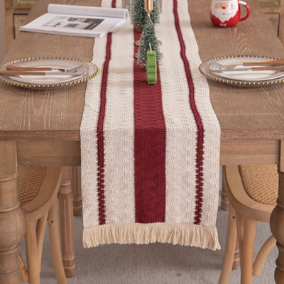 Christmas Table Flag Woven Two Tone Color Splicing Tassel Holiday Decoration Long Tablecloth Home