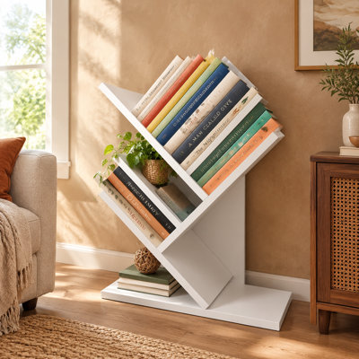 Mini bibliothèque blanche en forme d'arbre, à 3 niveaux en bois, idéale pour une chambre, un bureau, une table de chevet ou un bureau, et parfaite comme petit cadeau.