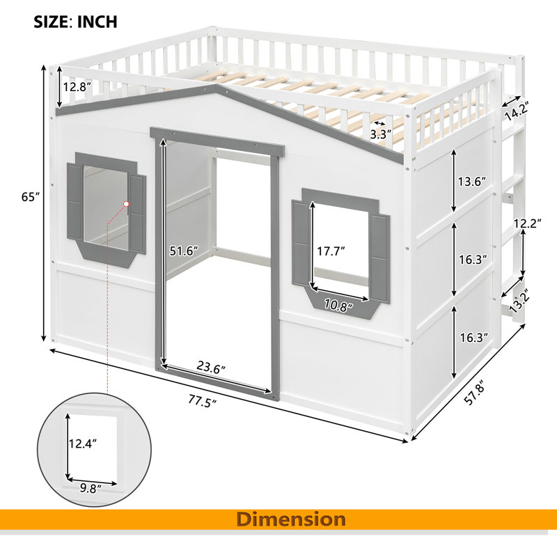 Full Size House Loft Bed With Ladder, White/Grey