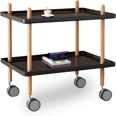 2-Tier Side Table Storage Shelf Modern Wood Nightstand End Table With Wheels Utility Rolling Cart For Living Room Bedroom Home Office Black