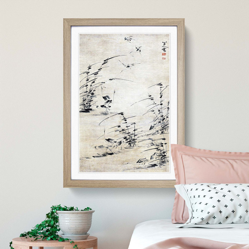 Twelve Egrets by Bada Shanren - Picture Frame Drawing Print, 65cm H x 48cm W x 2cm D, Oak Framed