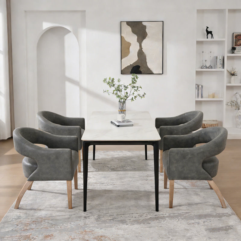 Ensemble de 4 chaises de salle à manger de style Mid-Century rembourrées avec accoudoirs et pieds en bois, gris, Gris