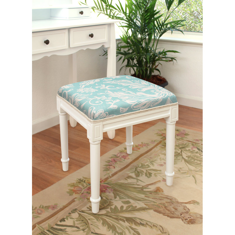Tabouret de coiffeuse en lin à motif floral turquoise Toscan Aqua, Blanc, Aqua