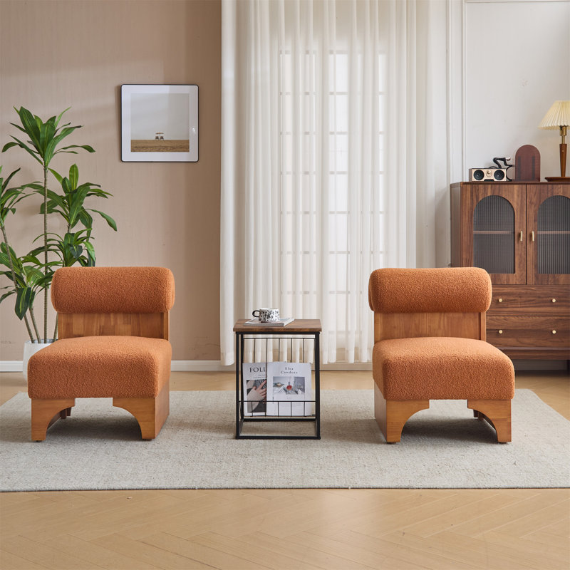 [Ensemble de 2] Méridienne moderne Boucle avec structure en bois massif et dossier roulé (sans la table), Orange