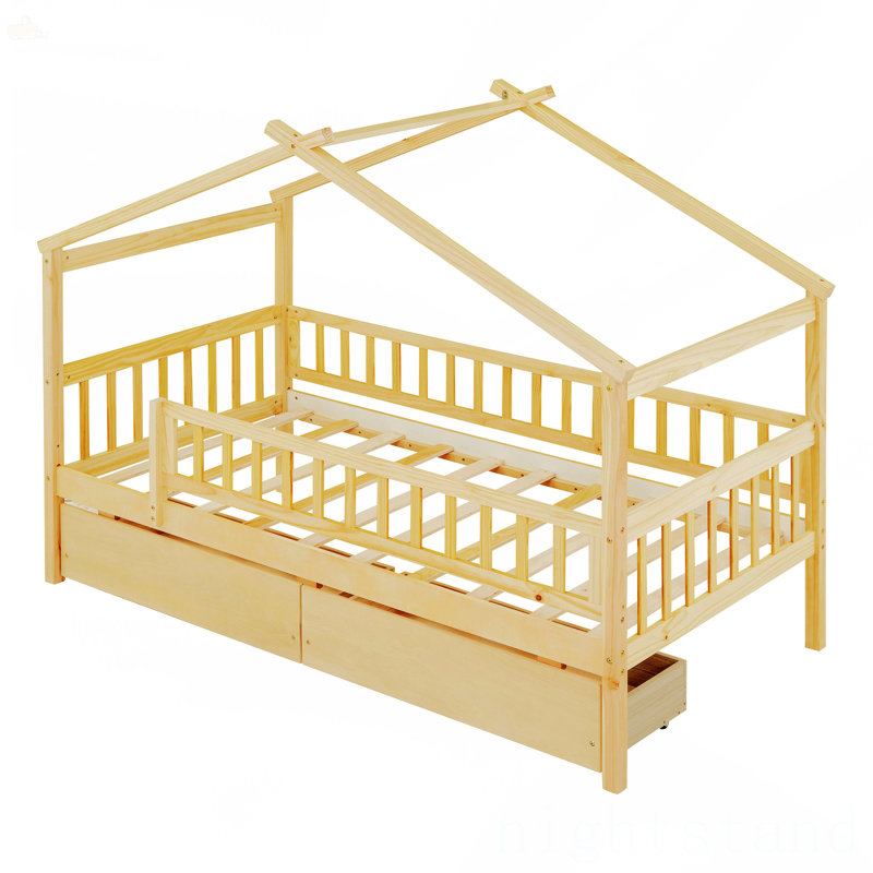 Lit simple en bois avec deux tiroirs, Naturel