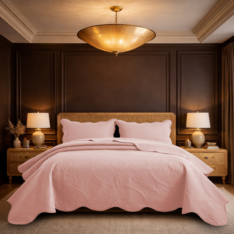 Moonlight Oversized Floral Embossed Bedspread Set – Lightweight Reversible Quilt Bedding with Pillow Shams, Peach