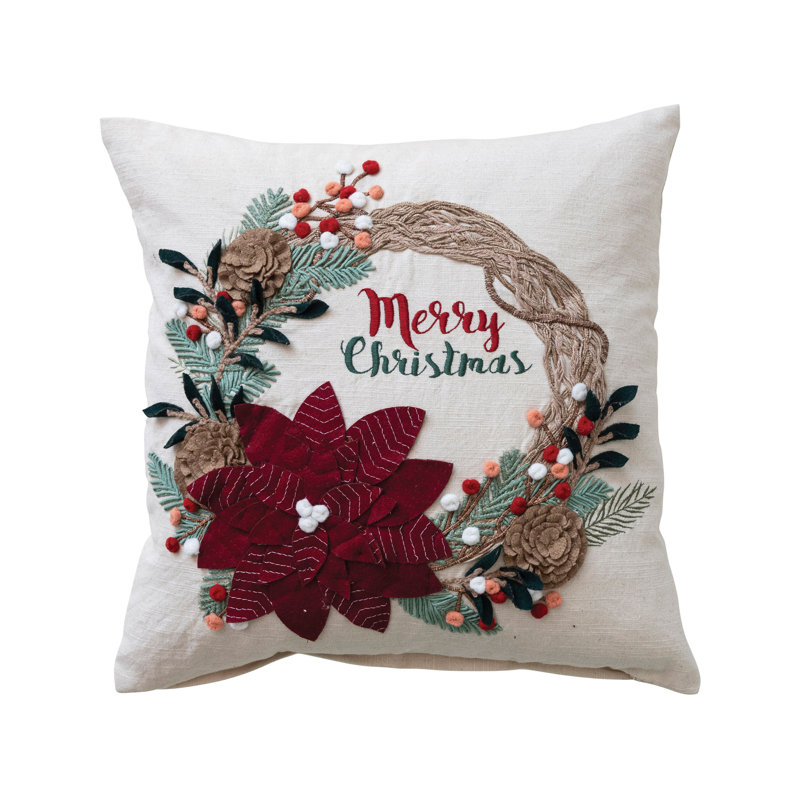 Coussin carré en coton avec couronne et broderie "Merry Christmas"