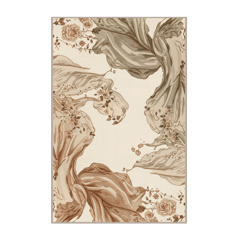 Tapis bohème floral beige lavable à la machine - Reliure beige, 7 x 9