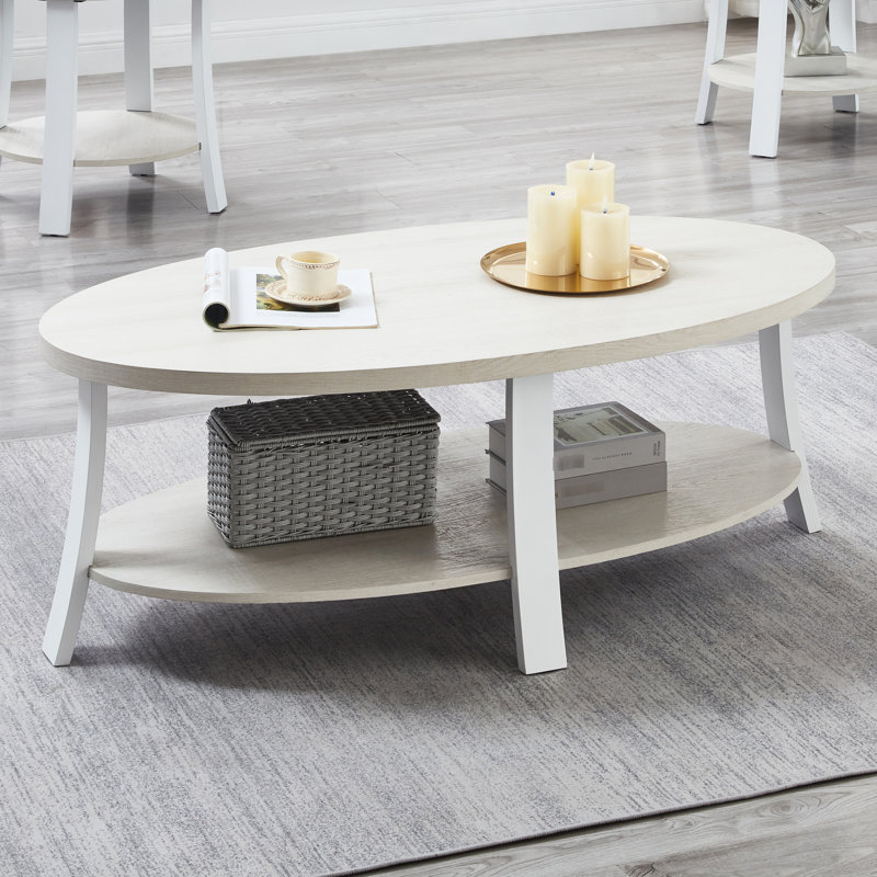 Table basse ovale en bois à finition blanche avec tablette pratique et élégante, Blanc