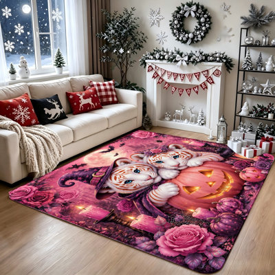 Tapis d'intérieur antidérapant mignon avec motif tigre pour l'Halloween, tapis décoré de citrouille et chapeau de sorcière, tapis à imprimé floral rose effrayant, tapis confortable pour salon, chambre à coucher, décoration intérieure