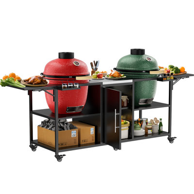 Grill Table For Outdoor Barbecue - Compatible With Two Big Egg, 18 Inch, , Black And Silver, 107 Lb, 34.11 In Height, 26.12 Width, 99.43 Depth, 6 360 Wheels, 4 Lockable, Integrated Cabinets, 2