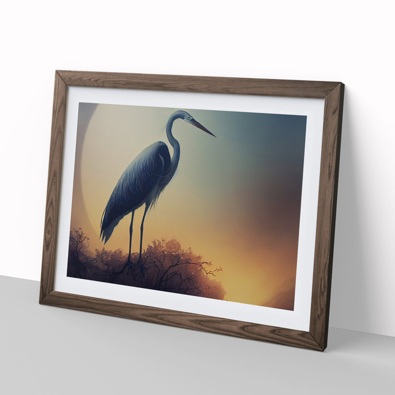 XH1022-1511X Blooming Heron Bird - Single Picture Frame Print, Walnut, 34cm H x 46cm W x 2cm D