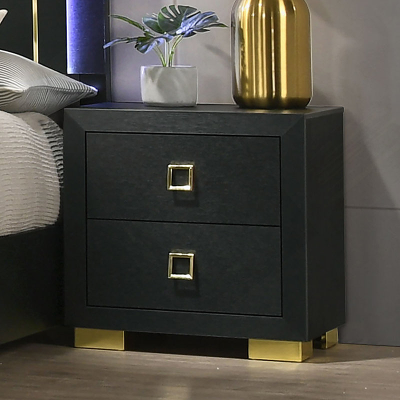Table de chevet contemporaine 1 pièce avec glissière centrale 2 tiroirs et poignées carrées, idéale pour mettre à jour le décor de la chambre à coucher