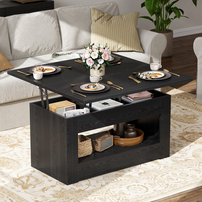 Table basse à plateau relevable de 39,4 po, table basse convertible 4-en-1 avec rangement et compartiment caché, table basse pliante multifonctionnelle à la table de salle à manger pour le salon, petit espace, noir