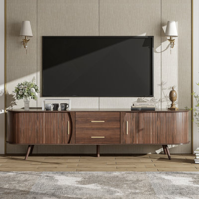 Meuble télé Mid-Century moderne pour téléviseur de 80 po, centre de divertissement avec rangement pour le salon, la chambre à coucher, console multimédia avec 2 tiroirs