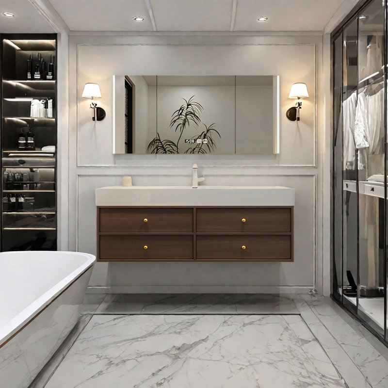 Middle ancient style intelligent bathroom cabinet, H 21,65 po x l 55,11 po x P 21,65 po, Noyer