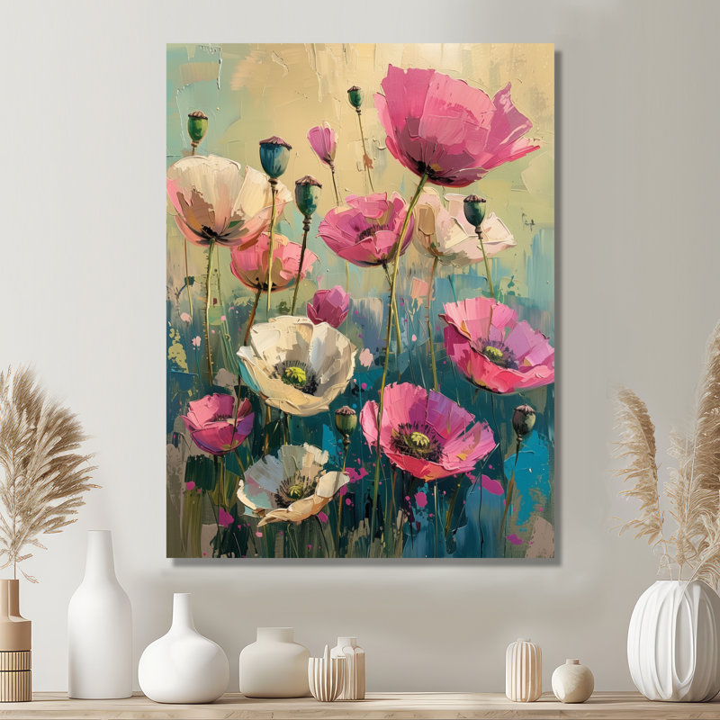 «Pink White Vibrant Symphony Poppies I», reproduction d'art murale coquelicots, Toile tendue, H 20 po x l 12 po x P 1 po