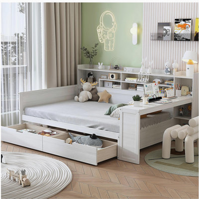 Lit de jour double en bois avec tablettes de rangement, lit multifonctionnel avec deux tiroirs de rangement et bureau d'étude, blanc antique
