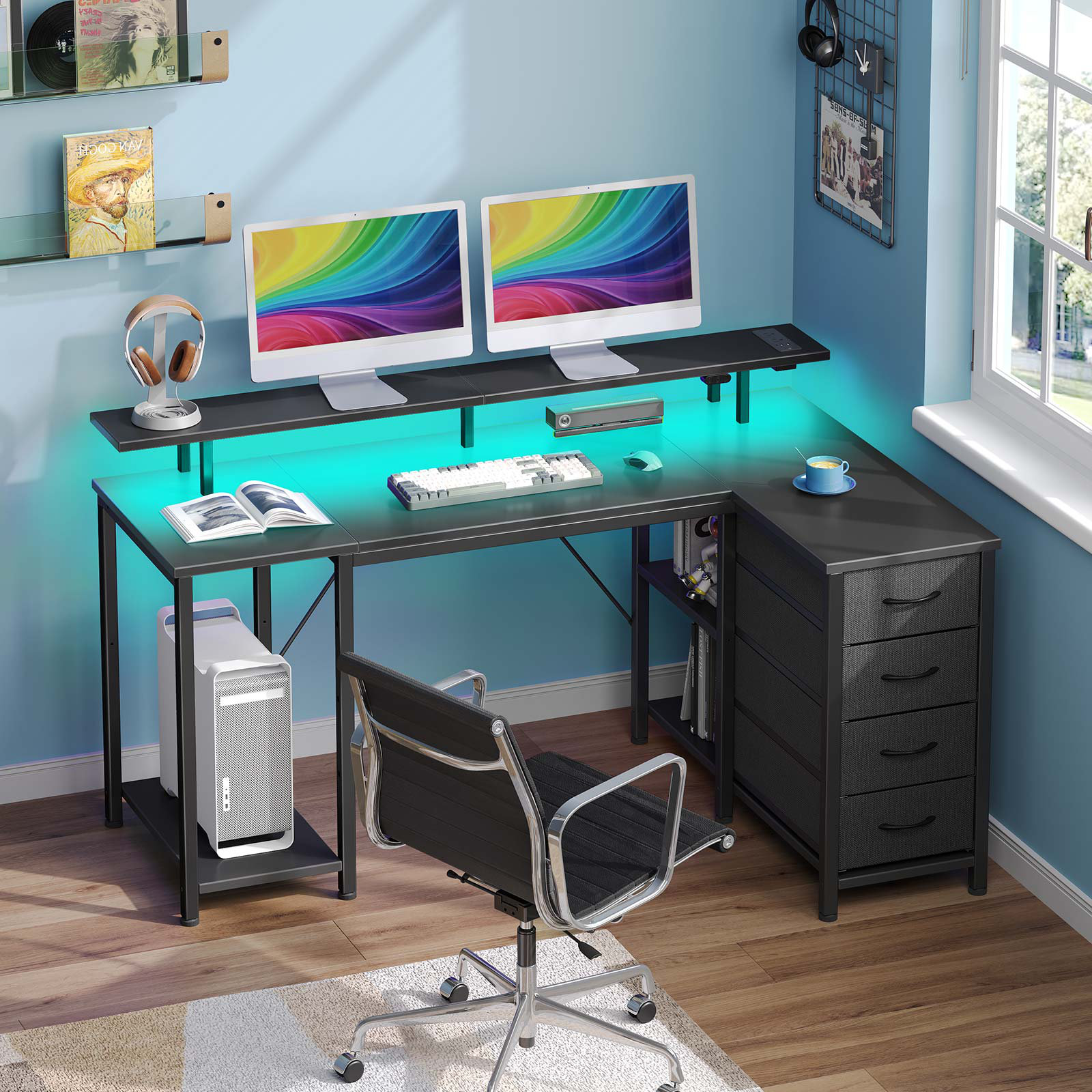 Inbox Zero L Shaped Desk with Monitor Stand and Drawers, Gaming Desk ...