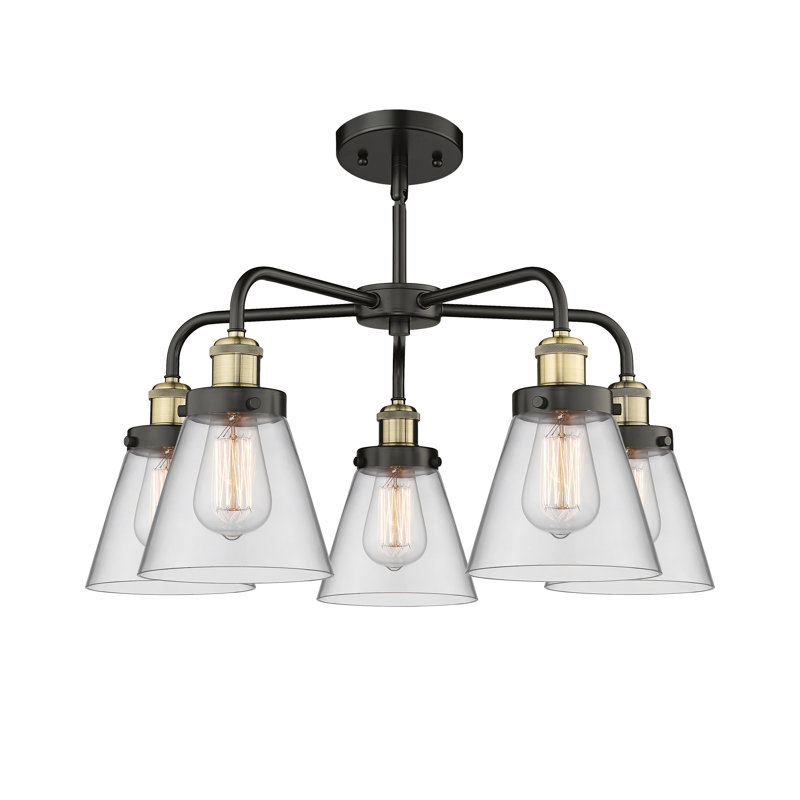 Cone 5 Light Stem Hung Chandelier, Black Antique Brass, Clear