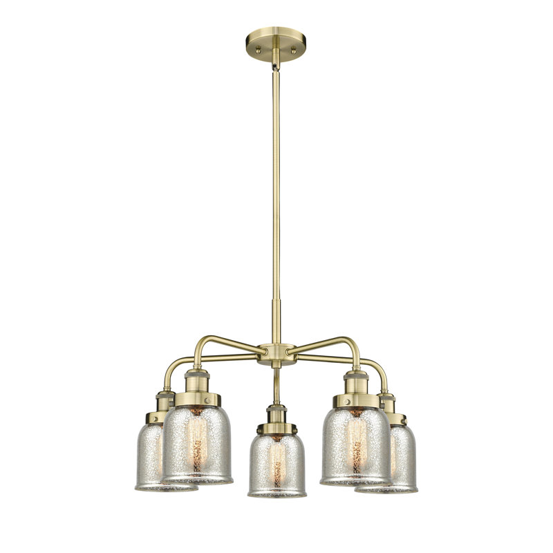 Lustre en verre à 5 lumières Bell, Laiton antique, Argent mercuré plaqué