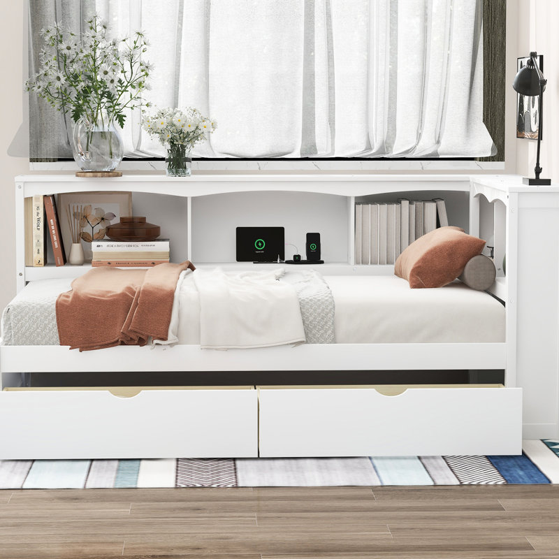 Lit de jour simple avec deux boîtes de rangement, connexions et prises de courant, Blanc