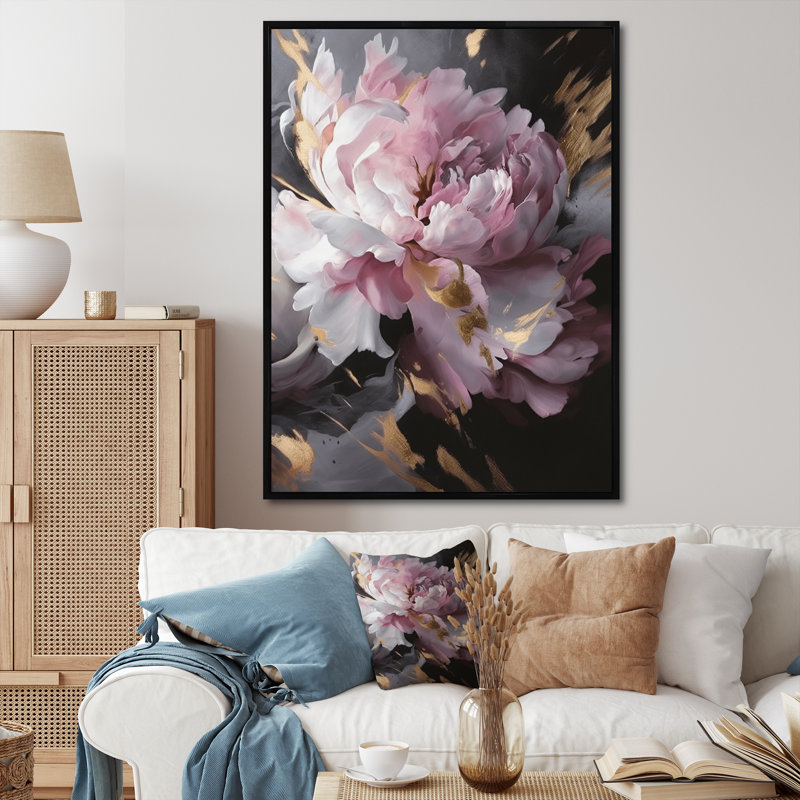 Harmonieux rose gris pivoine II - pivoines, art mural, H 20 po x l 12 po, Cadre flottant noir