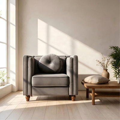 Chaise d'appoint classique Chesterfield, chaise d'appoint à accoudoirs carrés capitonnés avec pieds fuselés en bois, chaise longue rembourrée en velours écrasé