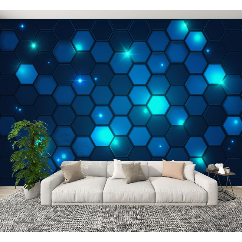 Papier peint adhésif peler et coller hexagonal bleu à motif géométrique brillant de style Tech H 100 po x l 144 po, papier peint amovible en PVC, adhésif pour chambre à coucher, bureau à domicile