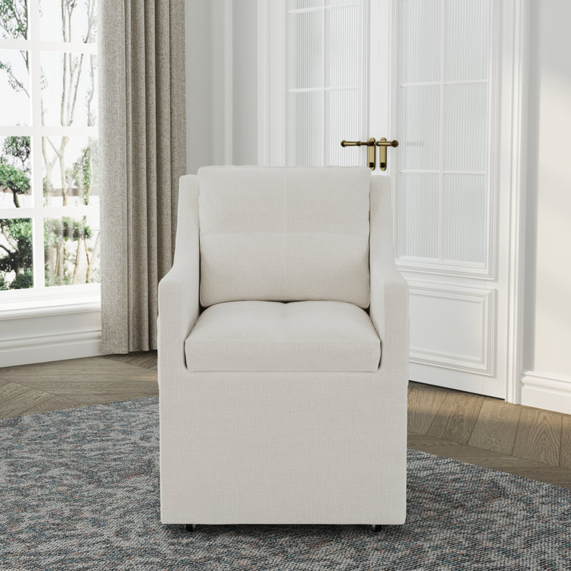 Linen Upholstered Fabric Arm Dining Chairs With Casters & Wheels, 1